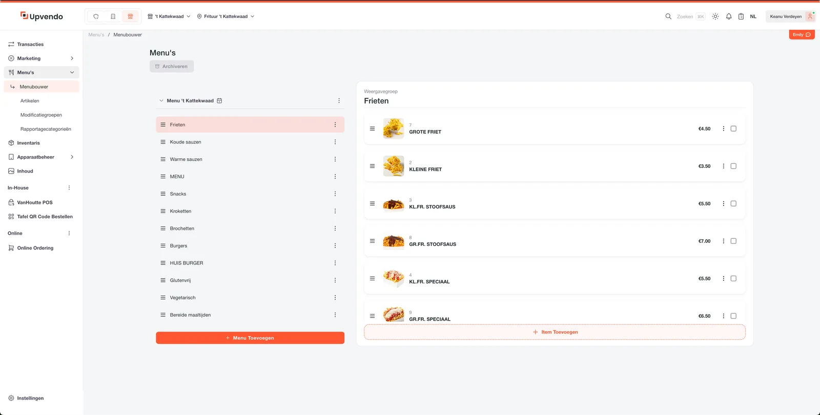 Menu builder in the Upvendo back office
