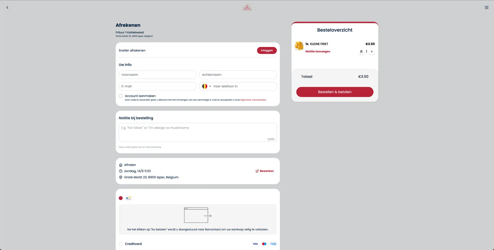 Checkout with order summary and Bancontact