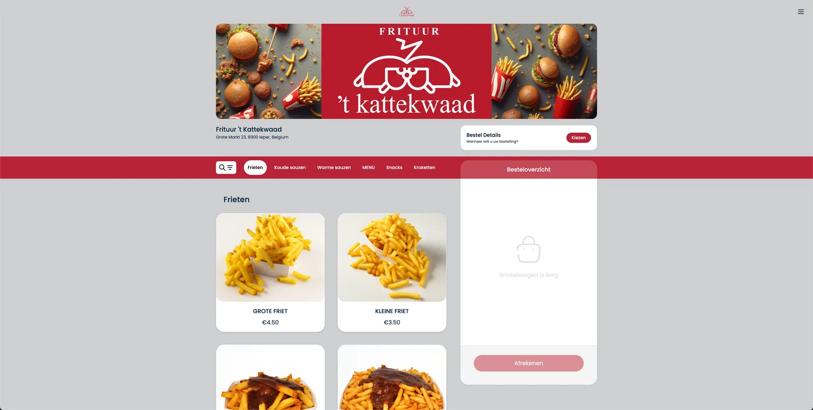 Online ordering menu of a fries shop on desktop